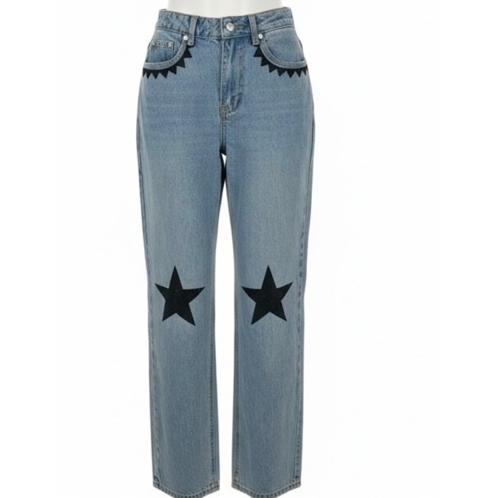Edikted Womens Star Applique Straight Leg Jeans Light Wash Blue Size Small *flaw